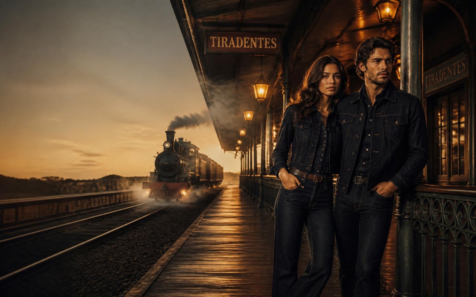 Casal usando jeans premium em uma estação ferroviária ao entardecer